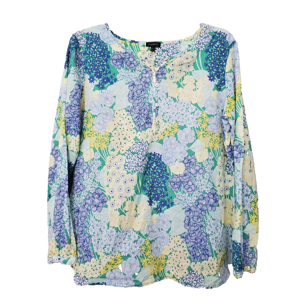 TALBOTS 100% Cotton Floral Print Henley Neck Long Sleeve Lightweight Blouse MED